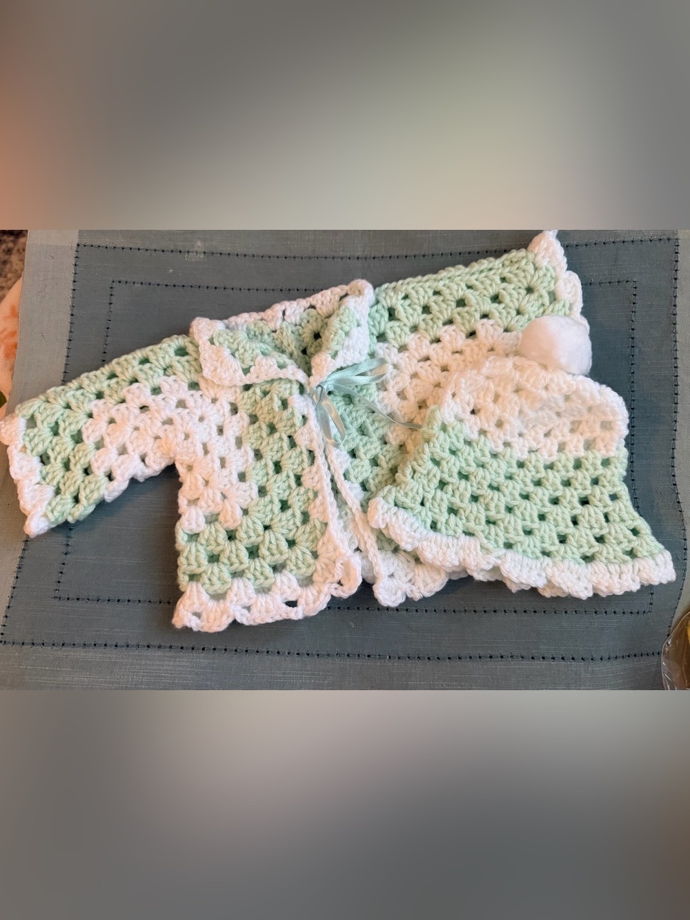 Handmade Crochet Baby Sweater and Hat in Mint Green and White